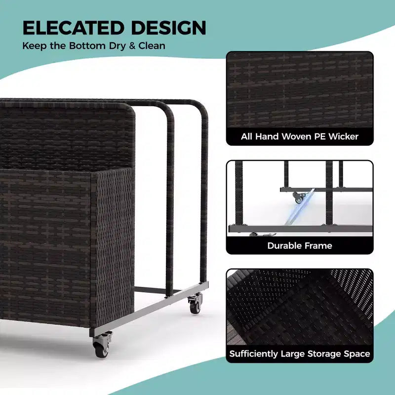 Chariot de rangement à roulettes noir/marron/gris pour flotteurs de piscine, organiseur de rangement en rotin à 3 compartiments, pour usage familial