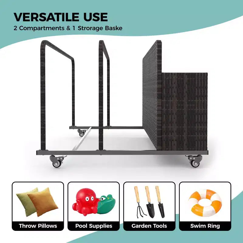 Chariot de rangement à roulettes noir/marron/gris pour flotteurs de piscine, organiseur de rangement en rotin à 3 compartiments, pour usage familial