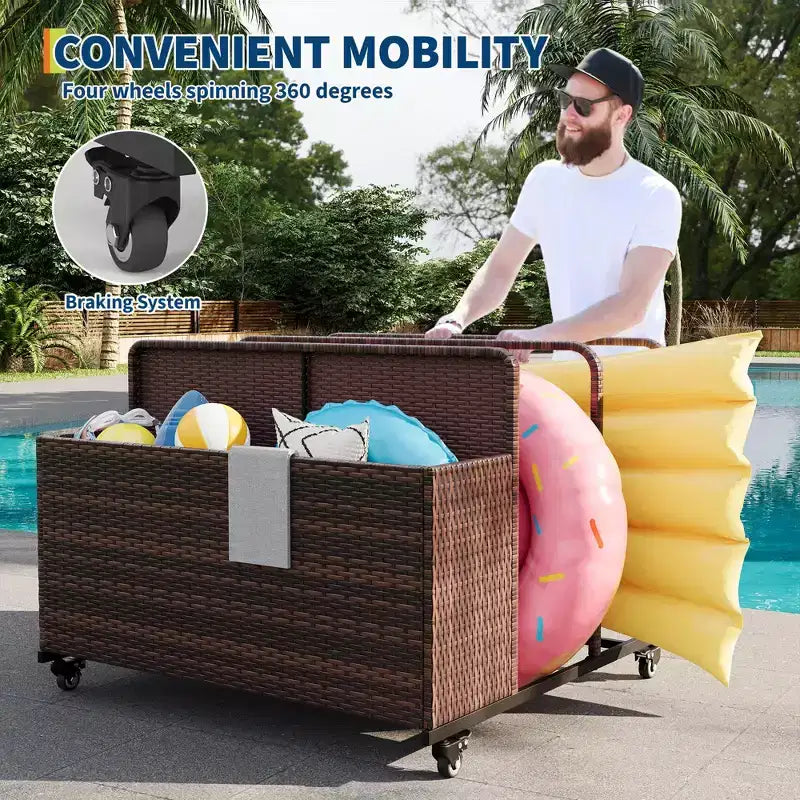 Chariot de rangement à roulettes noir/marron/gris pour flotteurs de piscine, organiseur de rangement en rotin à 3 compartiments, pour usage familial