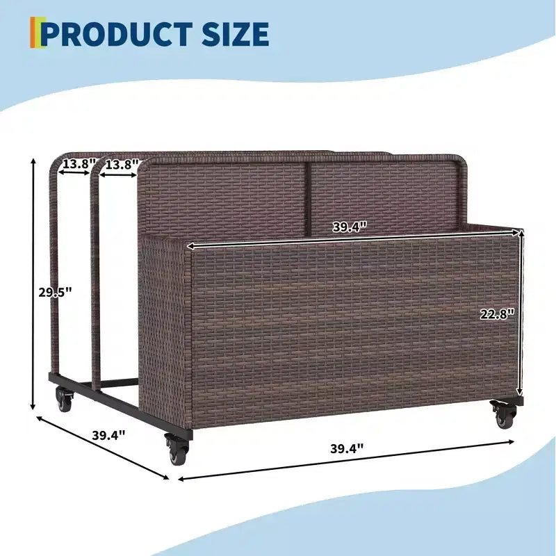 Chariot de rangement à roulettes noir/marron/gris pour flotteurs de piscine, organiseur de rangement en rotin à 3 compartiments, pour usage familial