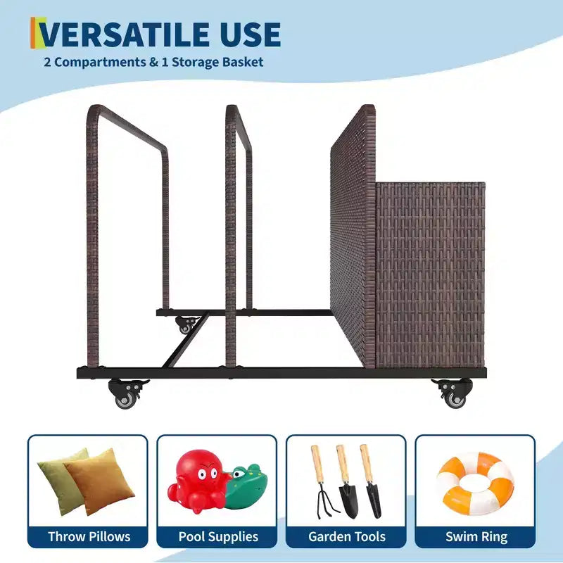 Chariot de rangement à roulettes noir/marron/gris pour flotteurs de piscine, organiseur de rangement en rotin à 3 compartiments, pour usage familial