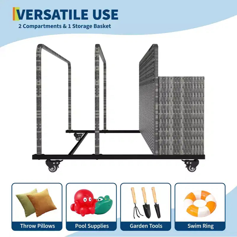 Chariot de rangement à roulettes noir/marron/gris pour flotteurs de piscine, organiseur de rangement en rotin à 3 compartiments, pour usage familial