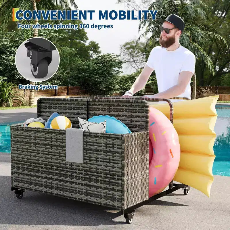 Chariot de rangement à roulettes noir/marron/gris pour flotteurs de piscine, organiseur de rangement en rotin à 3 compartiments, pour usage familial