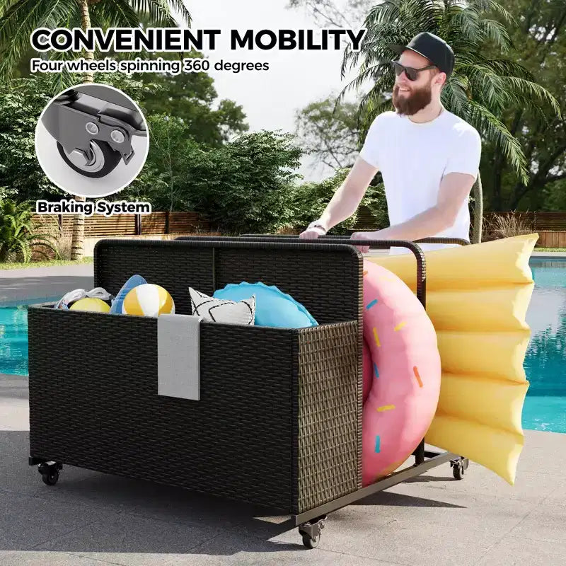 Chariot de rangement à roulettes noir/marron/gris pour flotteurs de piscine, organiseur de rangement en rotin à 3 compartiments, pour usage familial