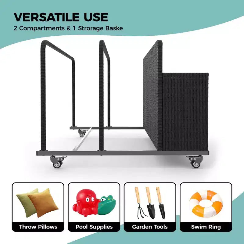 Chariot de rangement à roulettes noir/marron/gris pour flotteurs de piscine, organiseur de rangement en rotin à 3 compartiments, pour usage familial