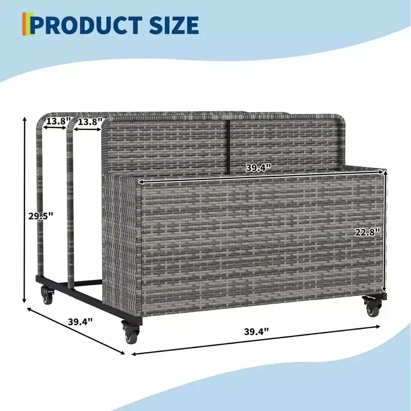 Chariot de rangement à roulettes noir/marron/gris pour flotteurs de piscine, organiseur de rangement en rotin à 3 compartiments, pour usage familial
