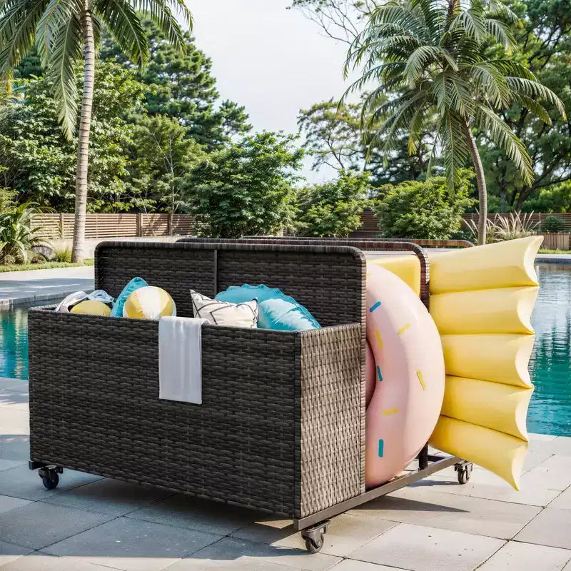 Chariot de rangement à roulettes noir/marron/gris pour flotteurs de piscine, organiseur de rangement en rotin à 3 compartiments, pour usage familial