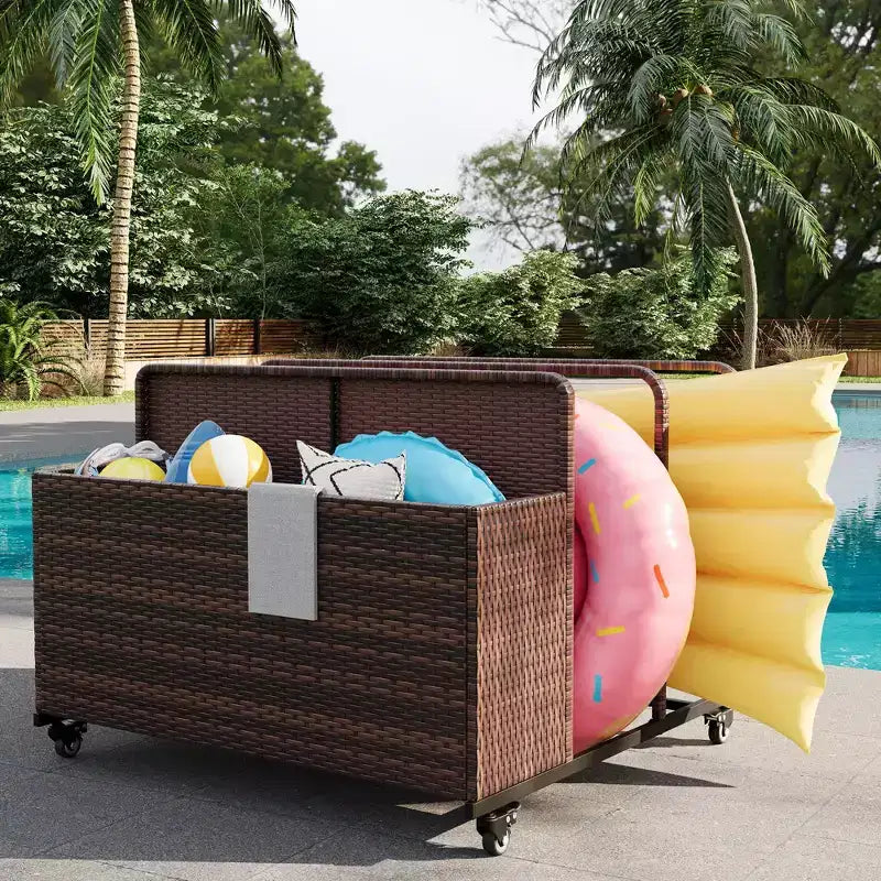 Chariot de rangement à roulettes noir/marron/gris pour flotteurs de piscine, organiseur de rangement en rotin à 3 compartiments, pour usage familial