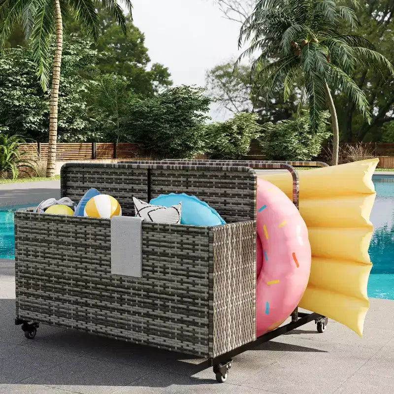 Chariot de rangement à roulettes noir/marron/gris pour flotteurs de piscine, organiseur de rangement en rotin à 3 compartiments, pour usage familial