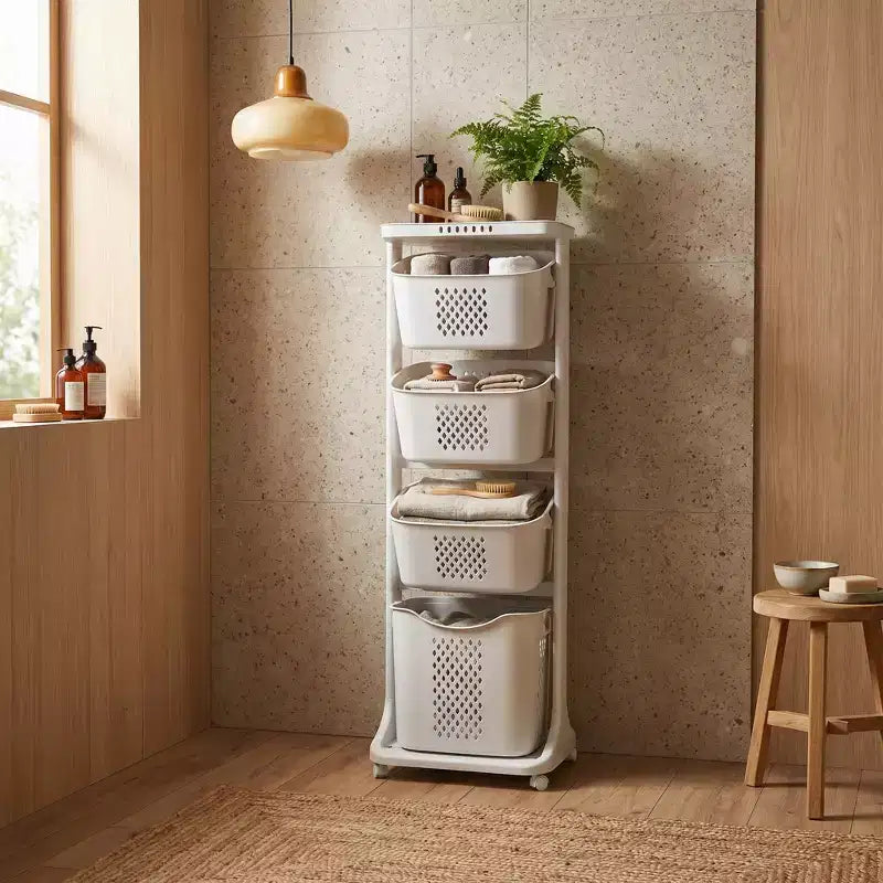 Trieur à linge roulant blanc à 4 niveaux avec paniers amovibles et roues – Pour usage familial