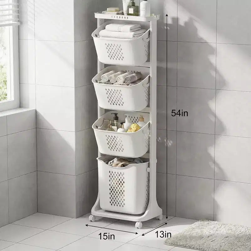 Trieur à linge roulant blanc à 4 niveaux avec paniers amovibles et roues – Pour usage familial