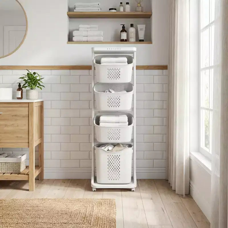Trieur à linge roulant blanc à 4 niveaux avec paniers amovibles et roues – Pour usage familial