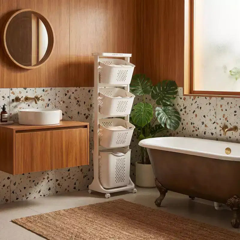 Trieur à linge roulant blanc à 4 niveaux avec paniers amovibles et roues – Pour usage familial