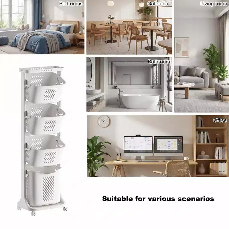 Trieur à linge roulant blanc à 4 niveaux avec paniers amovibles et roues – Pour usage familial