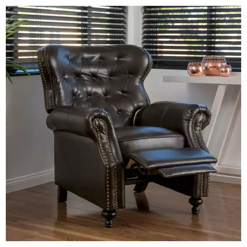 Fauteuil club inclinable en cuir reconstitué marron, dossier à oreilles, 1 place
