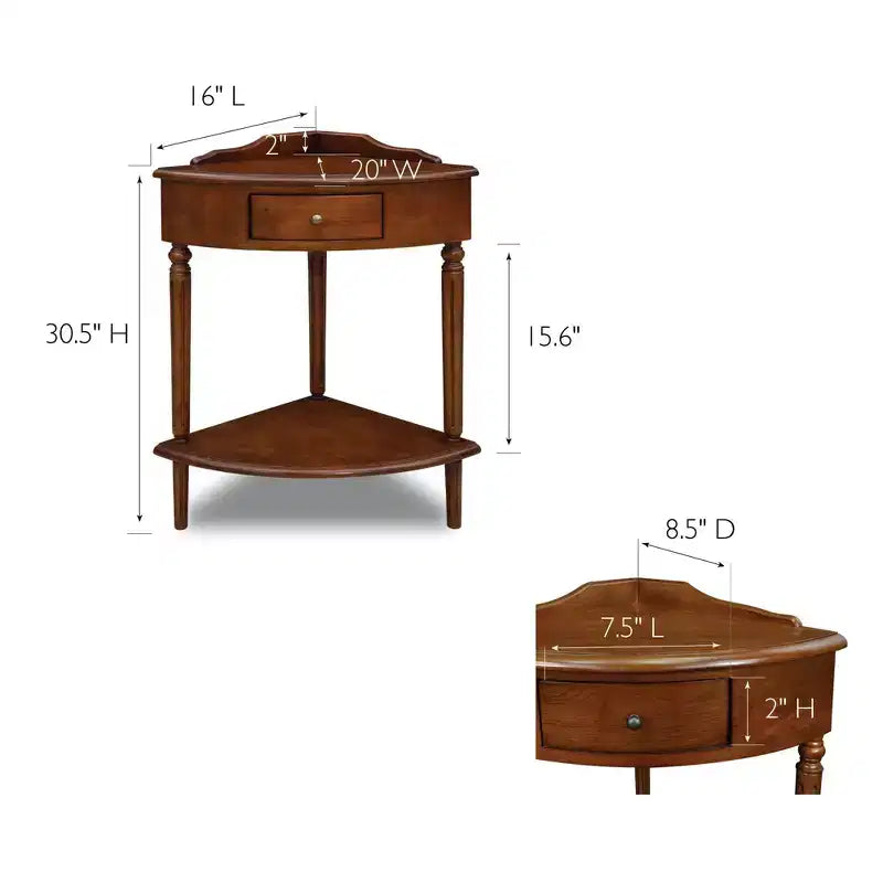 Table d'appoint d'angle triangulaire marron avec tiroir et étagère, pour 1
