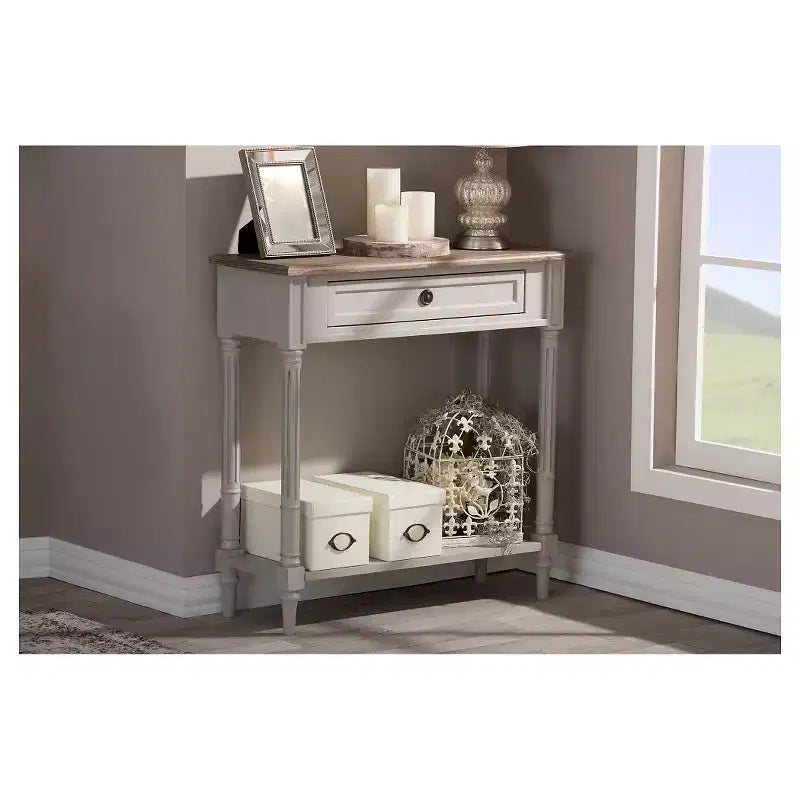 Console de style provincial français blanc et brun clair avec tiroir, 1 personne