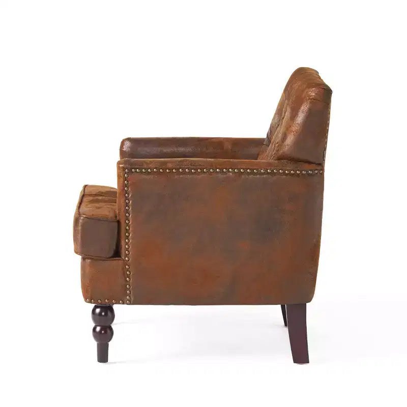 Fauteuil Club Rembourré Marron/Bleu Clair, Capitonnage à Boutons, Une Place