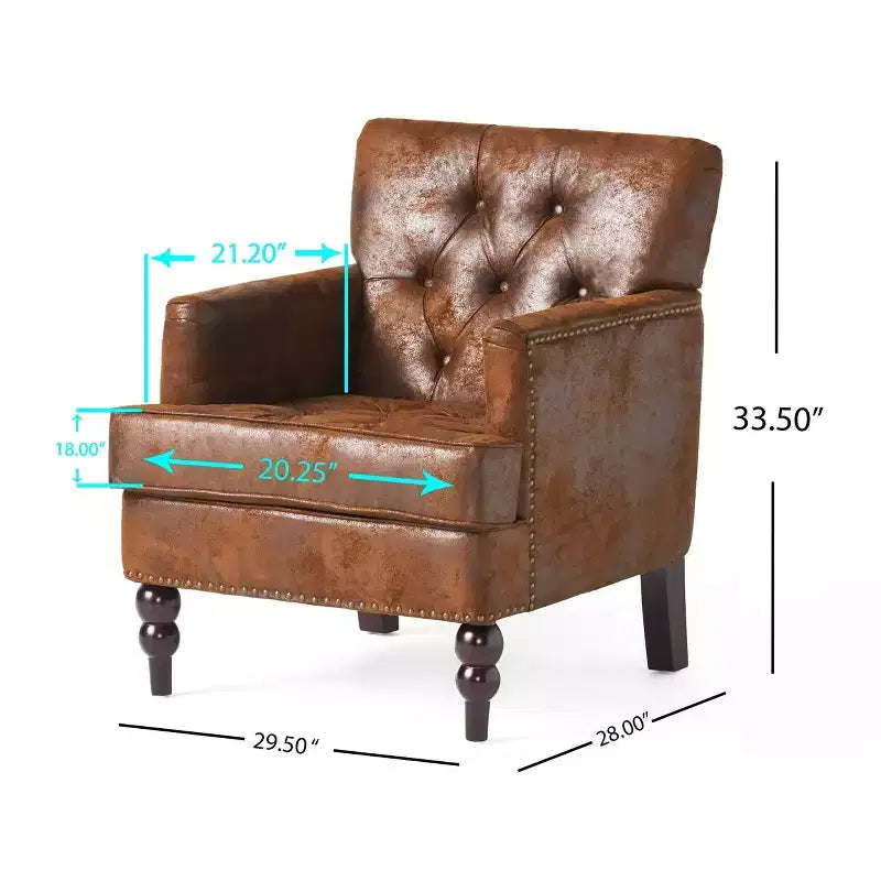 Fauteuil Club Rembourré Marron/Bleu Clair, Capitonnage à Boutons, Une Place