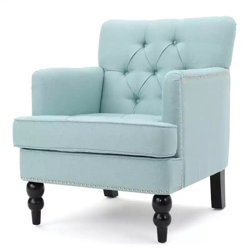 Fauteuil Club Rembourré Marron/Bleu Clair, Capitonnage à Boutons, Une Place