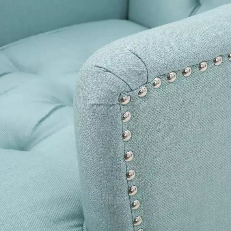 Fauteuil Club Rembourré Marron/Bleu Clair, Capitonnage à Boutons, Une Place