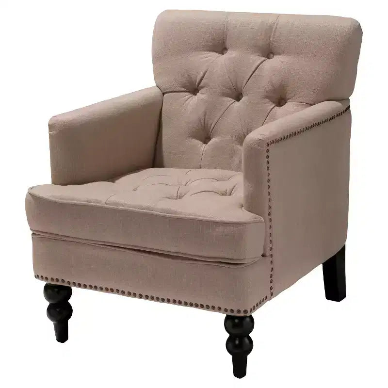 Fauteuil Club Rembourré Marron/Bleu Clair, Capitonnage à Boutons, Une Place