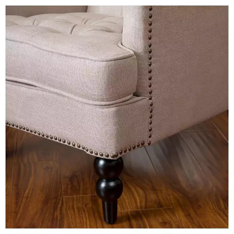 Fauteuil Club Rembourré Marron/Bleu Clair, Capitonnage à Boutons, Une Place