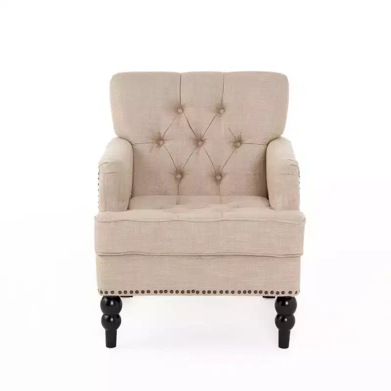 Fauteuil Club Rembourré Marron/Bleu Clair, Capitonnage à Boutons, Une Place