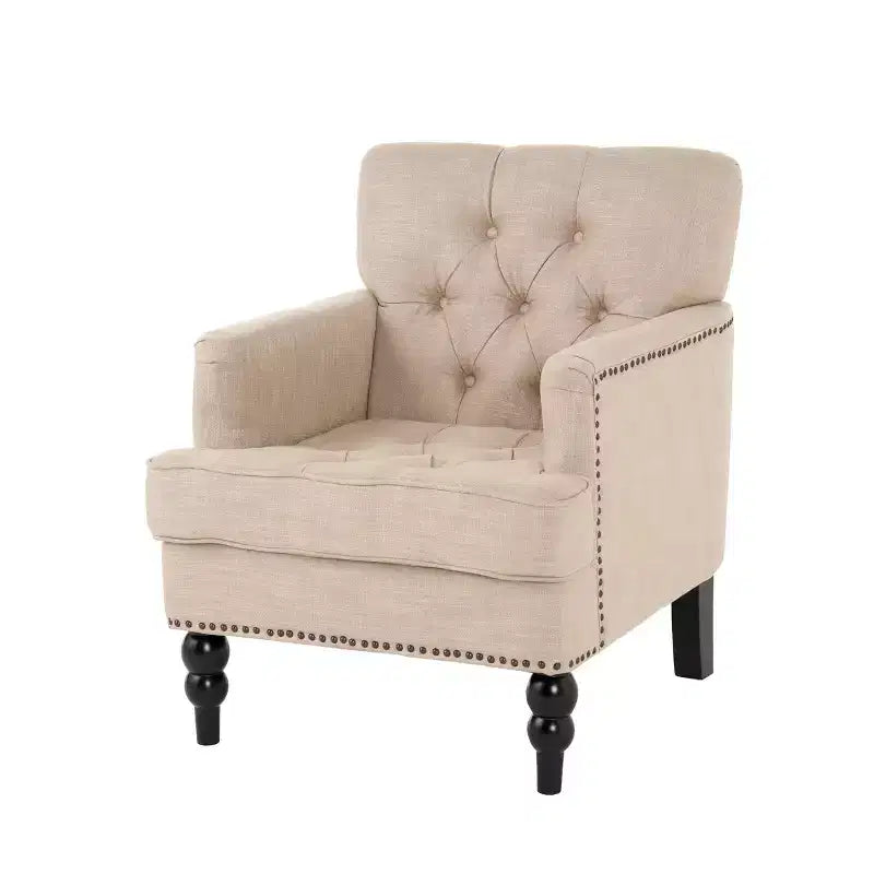 Fauteuil Club Rembourré Marron/Bleu Clair, Capitonnage à Boutons, Une Place