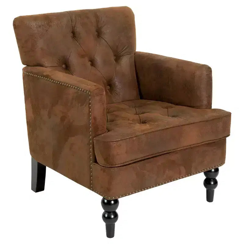 Fauteuil Club Rembourré Marron/Bleu Clair, Capitonnage à Boutons, Une Place