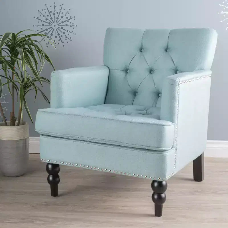 Fauteuil Club Rembourré Marron/Bleu Clair, Capitonnage à Boutons, Une Place