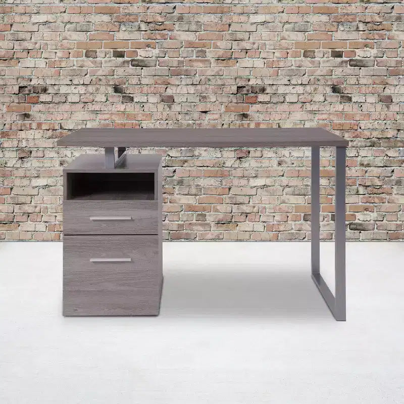 Bureau d'ordinateur à grain de bois avec 2 tiroirs et cadre en métal – Frêne foncé/clair, Simple