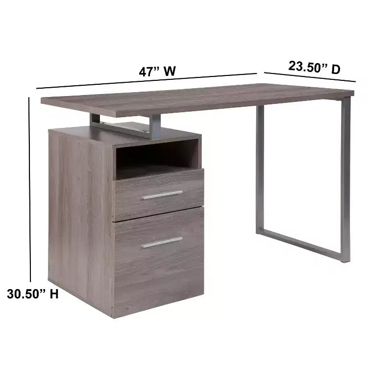 Bureau d'ordinateur à grain de bois avec 2 tiroirs et cadre en métal – Frêne foncé/clair, Simple