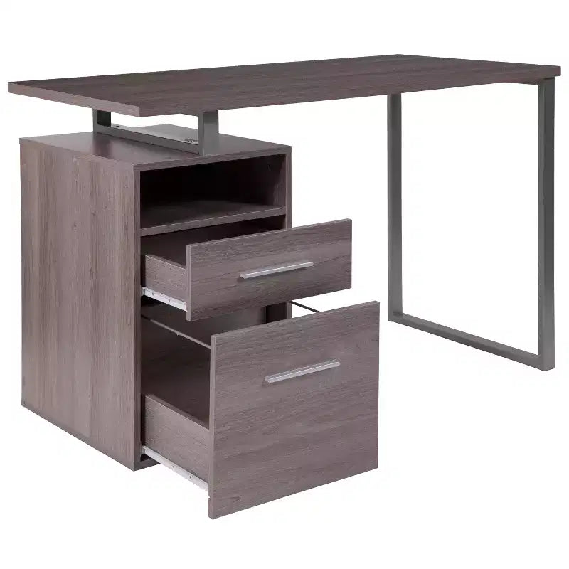 Bureau d'ordinateur à grain de bois avec 2 tiroirs et cadre en métal – Frêne foncé/clair, Simple