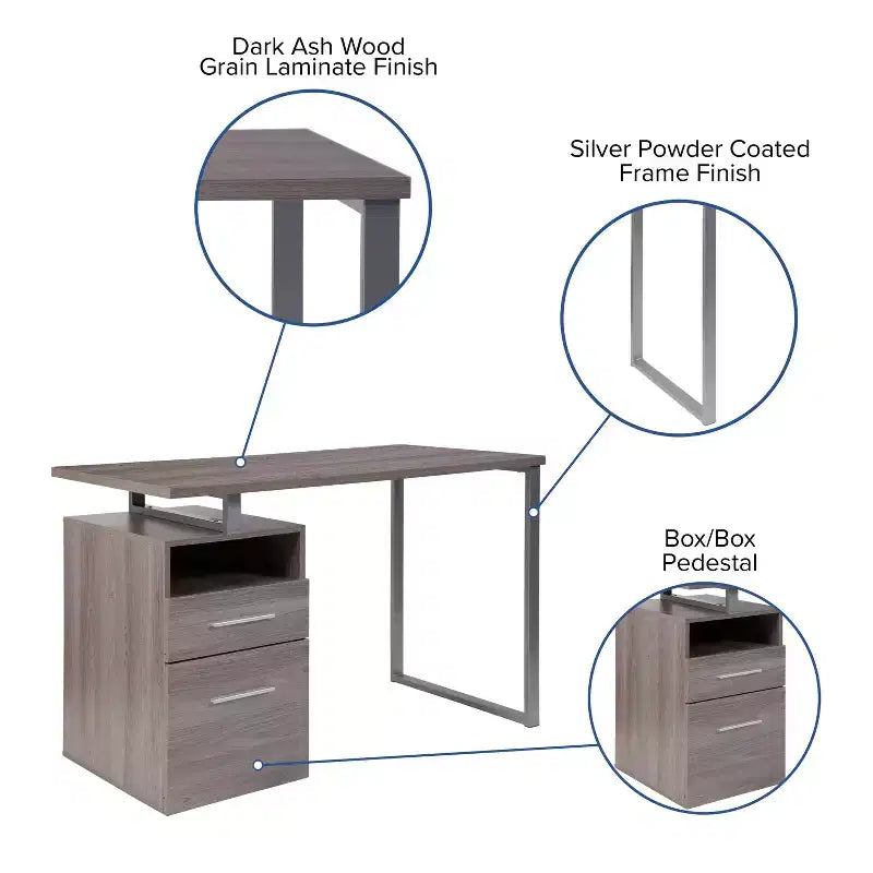 Bureau d'ordinateur à grain de bois avec 2 tiroirs et cadre en métal – Frêne foncé/clair, Simple
