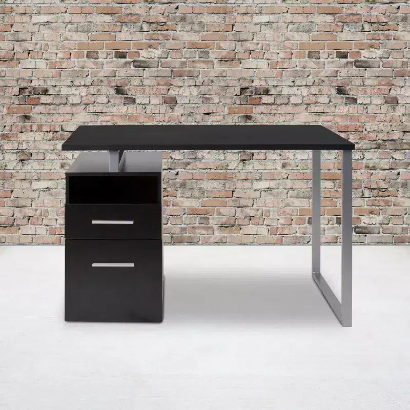 Bureau d'ordinateur à grain de bois avec 2 tiroirs et cadre en métal – Frêne foncé/clair, Simple