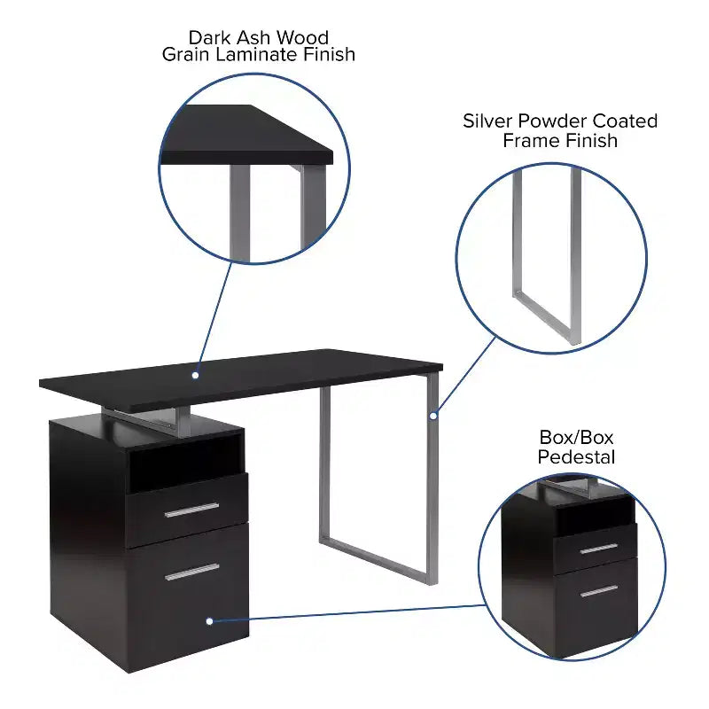 Bureau d'ordinateur à grain de bois avec 2 tiroirs et cadre en métal – Frêne foncé/clair, Simple