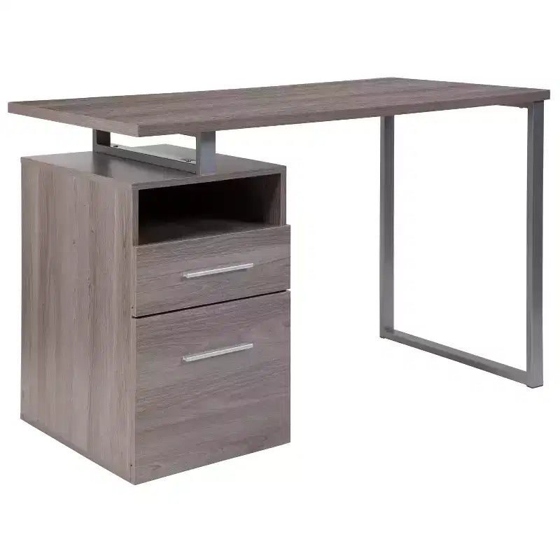 Bureau d'ordinateur à grain de bois avec 2 tiroirs et cadre en métal – Frêne foncé/clair, Simple