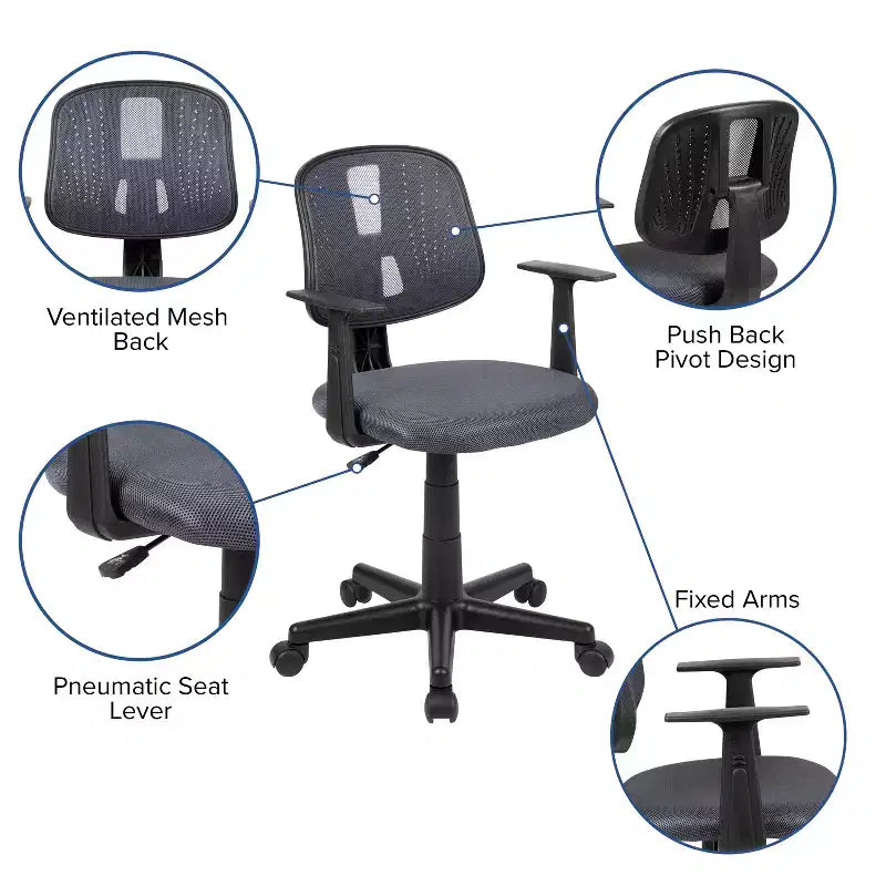 Fauteuil de bureau pivotant noir/gris/blanc en maille mi-dossier avec accoudoirs fixes, pour 1 personne