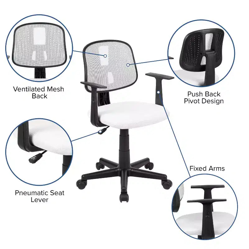 Fauteuil de bureau pivotant noir/gris/blanc en maille mi-dossier avec accoudoirs fixes, pour 1 personne