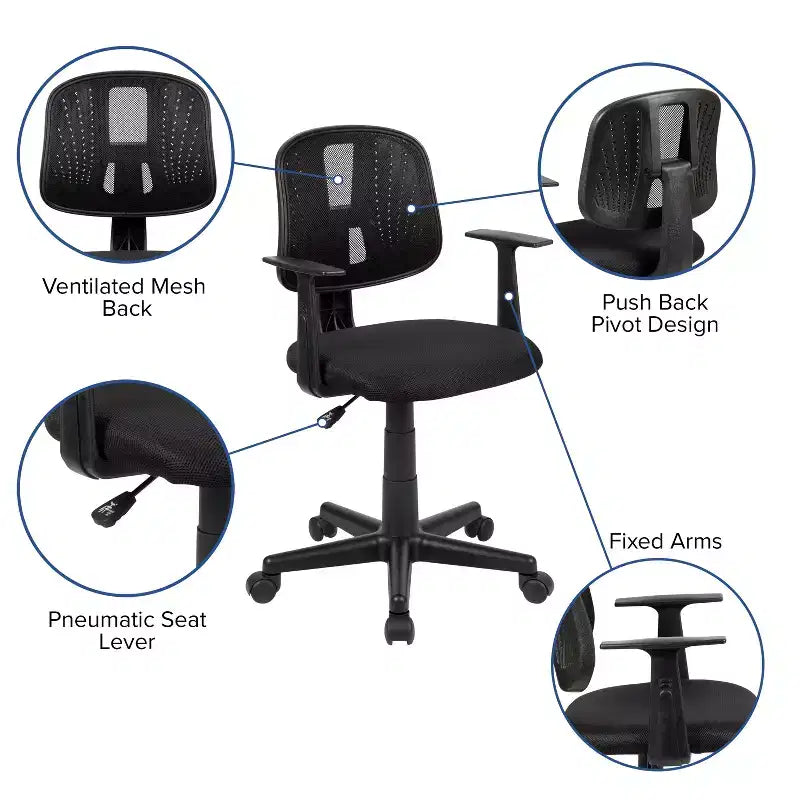 Fauteuil de bureau pivotant noir/gris/blanc en maille mi-dossier avec accoudoirs fixes, pour 1 personne