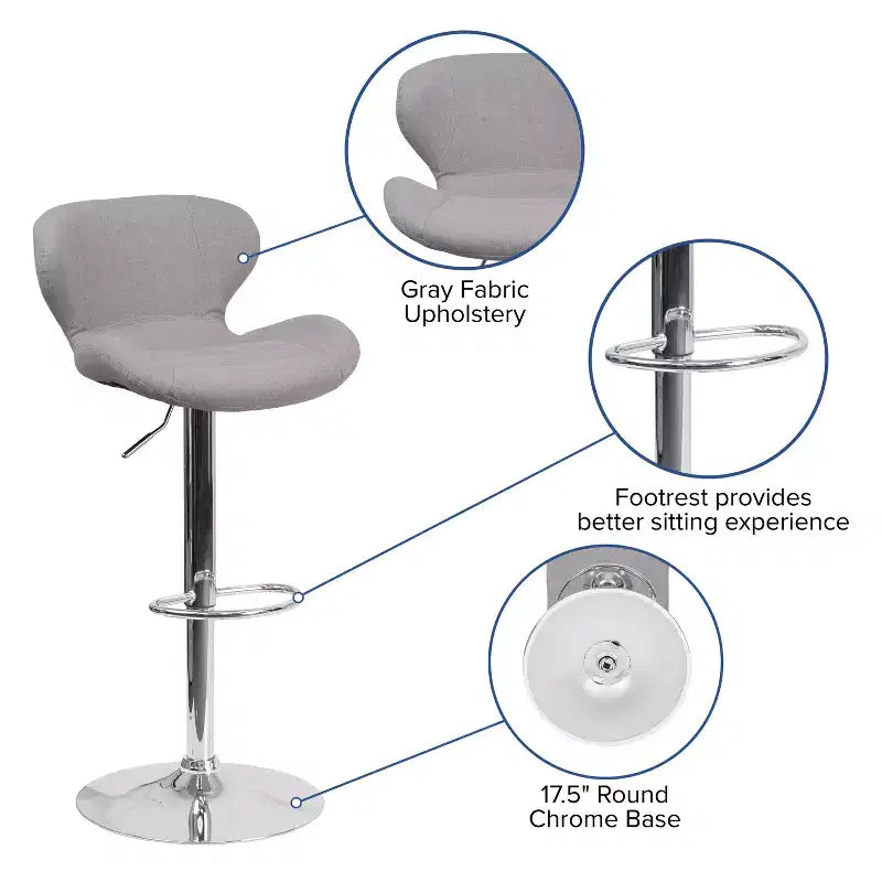 Tabouret de bar pivotant à hauteur réglable, dossier mi-haut incurvé, rembourré, 1 place