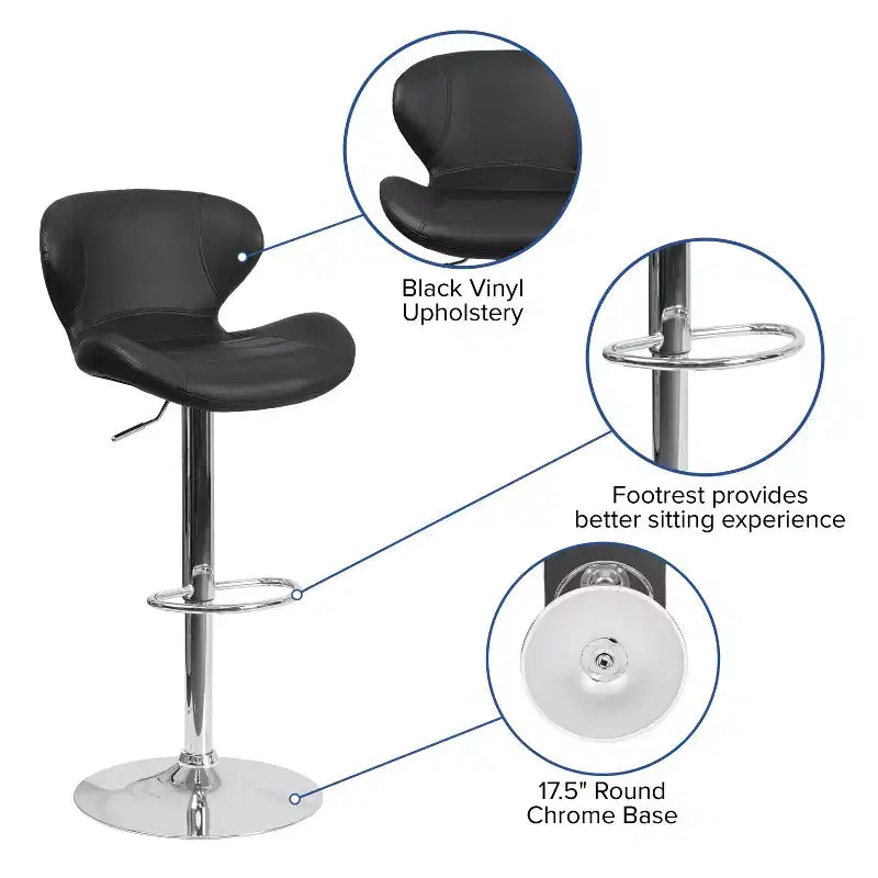Tabouret de bar pivotant à hauteur réglable, dossier mi-haut incurvé, rembourré, 1 place