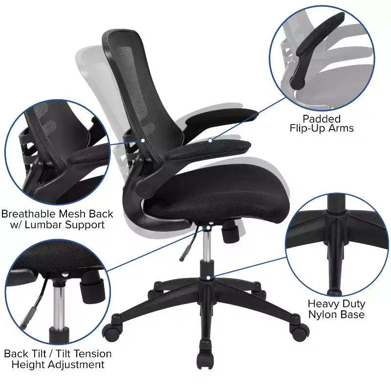 Fauteuil de bureau pivotant en maille à dossier mi-hauteur multicolore avec accoudoirs relevables, siège unique