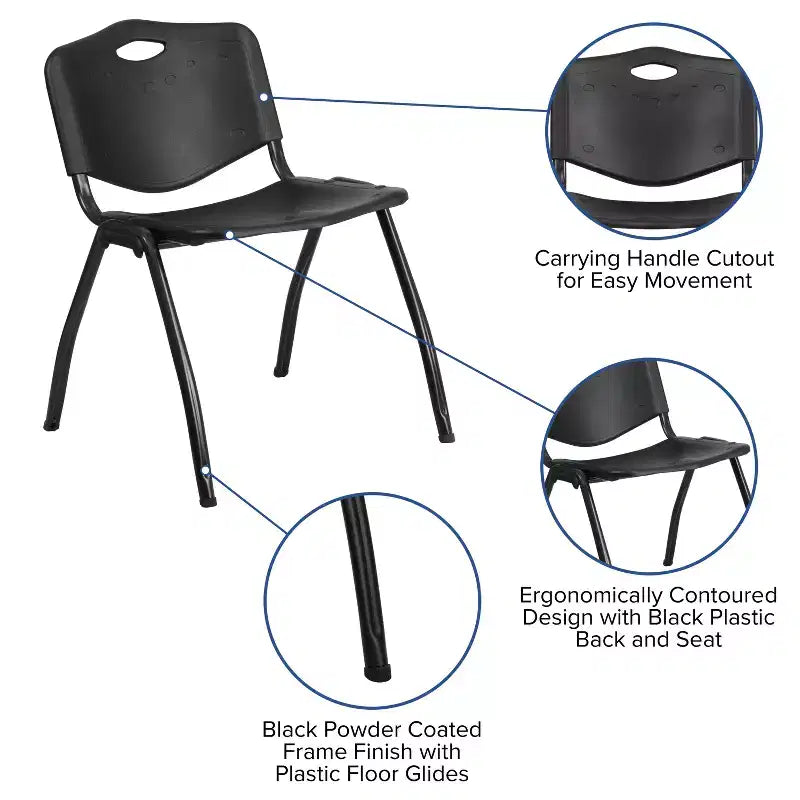 Chaise d'appoint empilable noire sans accoudoirs, 1 place
